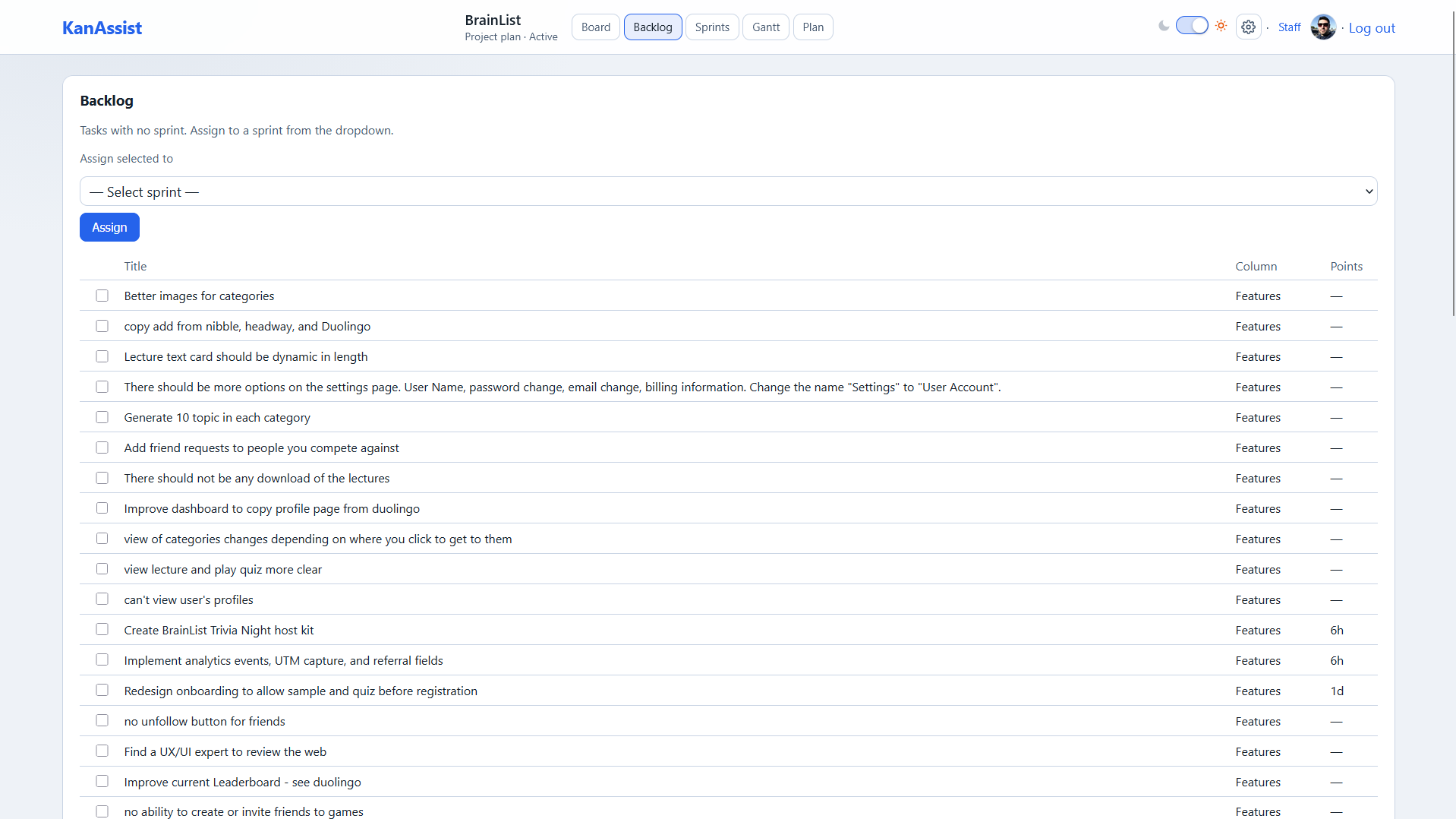 Backlog view